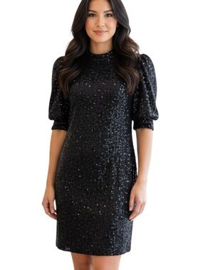 Joie Black Sequin Mini Dress with Puff Sleeves